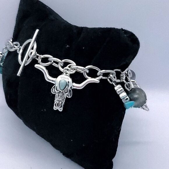 Turquoise Longhorn Western Charm Bracelet Beaded Cowgirl Cactus Feather Bohemian - Picture 4 of 6